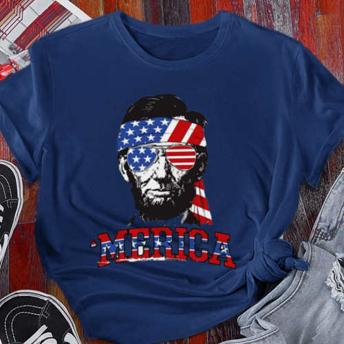 Navy Blue Fashion Street Print Patchwork Letter O Neck T-Shirts