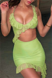 グリーン ファッション セクシー ソリッド 中空アウト パッチワーク バックレス スパゲッティ ストラップ ノースリーブ ドレス