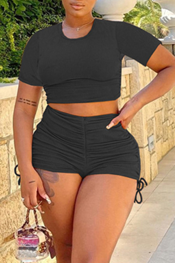 Black Fashion Casual Solid Draw String Fold O Neck Short Sleeve Two Pieces Crop Tops And Shorts Sets