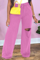 Pink Casual Solid Ripped Patchwork Straight High Waist Straight Solid Color Bottoms