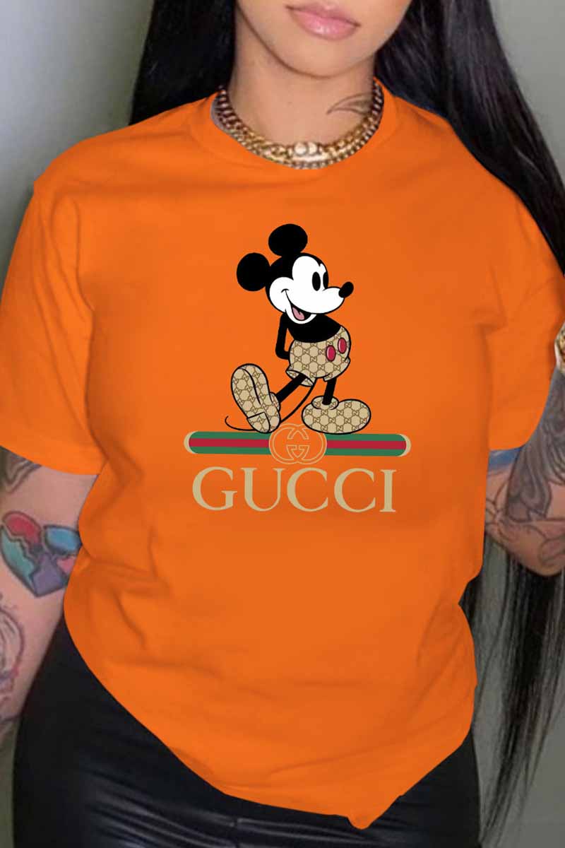 

Orange Fashion Street Character Print Letter O Neck T-Shirts