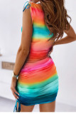 カラーカジュアルプリント包帯パッチワークフォールドUネックワンステップスカートドレス