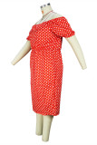 Vestido vermelho moda casual plus size estampa de pontos sem costas fora do ombro vestido manga curta