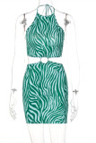 Green Fashion Sexy Print Bandage Hollowed Out Backless Halter Sleeveless Dress