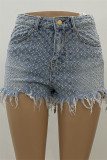 Light Color Fashion Casual Solid Ripped Hollowed Out High Waist Skinny Denim Shorts