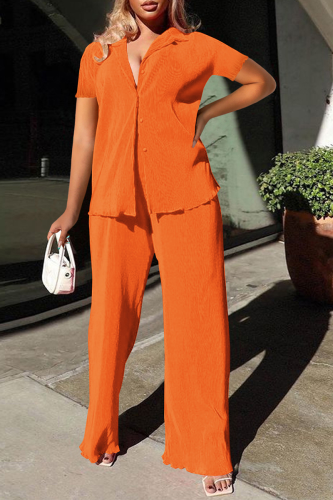 Orange Casual Solid Patchwork Turndown Collar Short Sleeve Two Pieces
