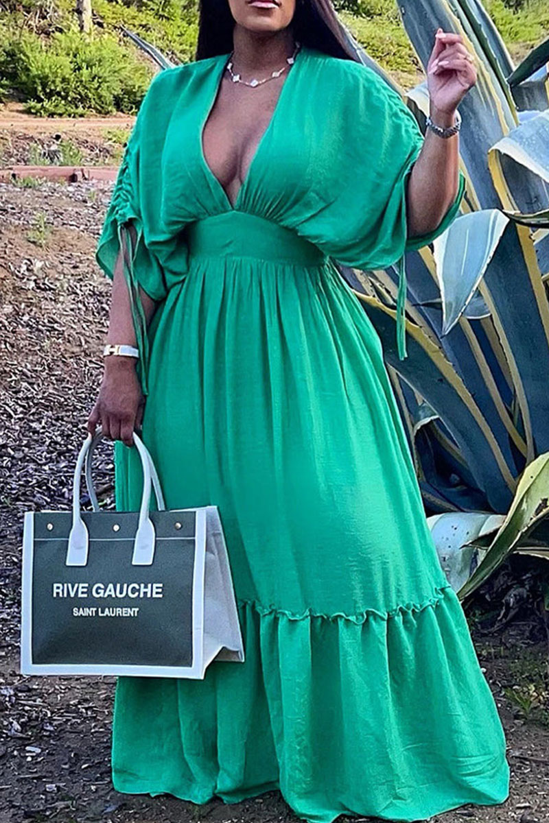 

Green Casual Solid Patchwork Fold V Neck A Line Dresses