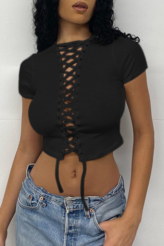 Black Sexy Solid Draw String O Neck T-Shirts