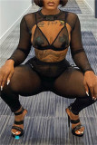 Zwarte mode Sexy effen uitgeholde doorschijnende O-hals driedelige set met lange mouwen