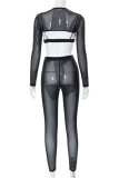 Black Fashion Sexy Solid Hollowed Out See-through O Neck Long Sleeve Three-piece Set