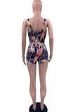 Tangerine Red Sexy Casual Print Backless Spaghetti Strap Sleeveless Two Pieces
