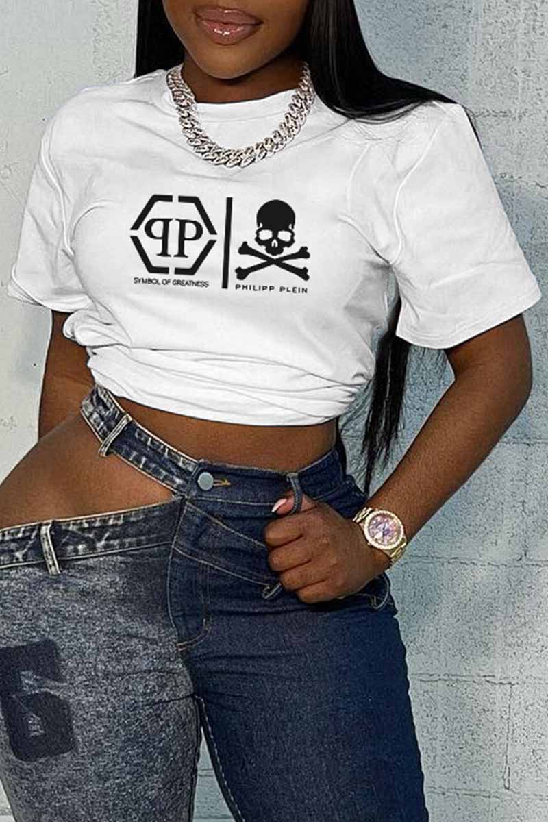 

White Fashion Casual Print Letter O Neck T-Shirts