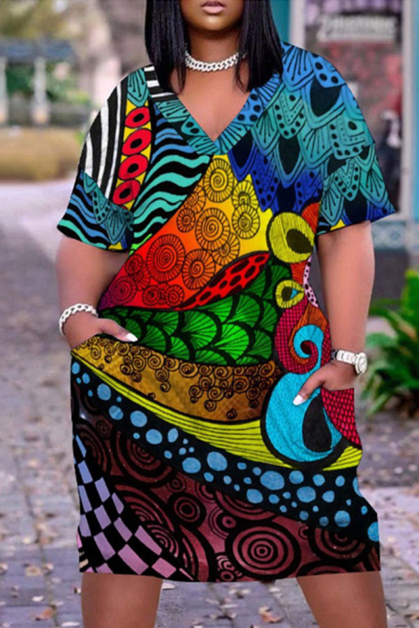 Cyanine Fashion Повседневное платье в стиле пэчворк с V-образным вырезом и короткими рукавами