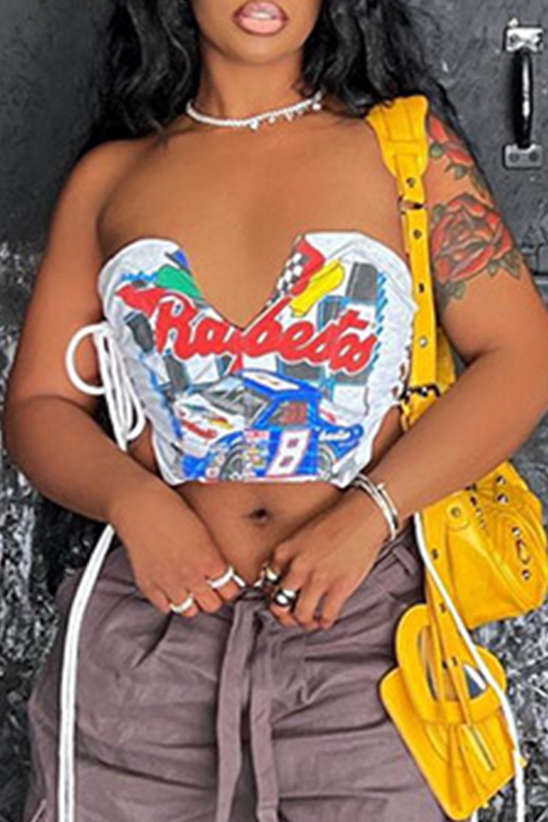 

White Sexy Print Draw String Strapless Tops