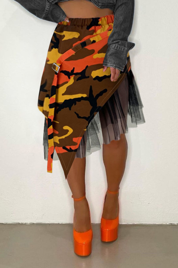 Tangerine Fashion Street Print Камуфляжный принт Пэчворк Асимметричный с высокой талией Низ с полным принтом