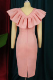 ピンクのエレガントなソリッドパッチワークフラウンススリット、ボウVネックワンステップスカートドレス