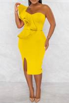 Vestido amarelo fashion sexy patchwork sólido sem costas fenda um ombro sem manga