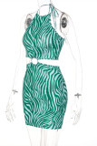 Green Fashion Sexy Print Bandage Hollowed Out Backless Halter Sleeveless Dress