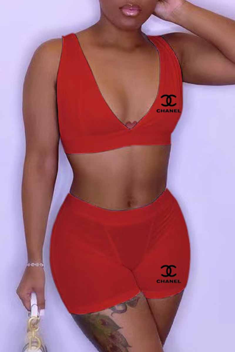 

Red Fashion Sexy Print Letter V Neck Sleeveless Two Pieces