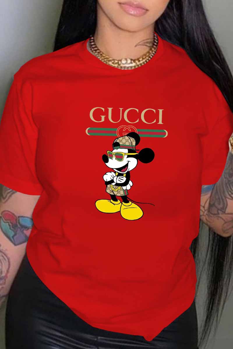 Red Fashion Street Character Print Letter O Neck T-Shirts