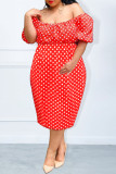 Vestido vermelho moda casual plus size estampa de pontos sem costas fora do ombro vestido manga curta