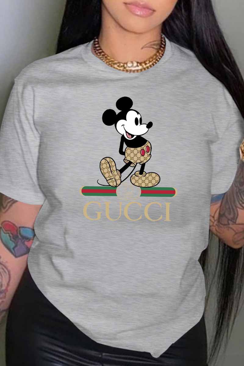 

Grey Fashion Street Character Print Letter O Neck T-Shirts