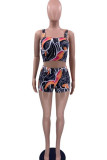 Tangerine Red Sexy Casual Print Backless Spaghetti Strap Sin mangas Dos piezas