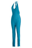 Blauwe sexy effen patchwork skinny jumpsuits met spaghettibandjes