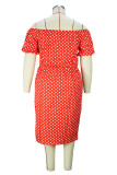 Red Fashion Casual Plus Size Dot Print Backless Off the Shoulder Short Sleeve Dress
