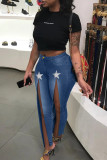 Medium Blue Fashion Casual Denim Jeans met hoge taille en sterren met split