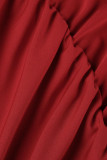 Красные элегантные однотонные платья в стиле пэчворк с воланом и косым воротником