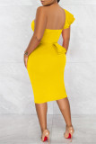 Желтое модное сексуальное однотонное лоскутное платье без рукавов с открытой спиной и разрезом на одно плечо