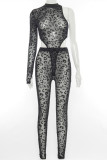 Black Fashion Sexy Leopard See-through Asymmetrische O-hals Lange Mouw Twee Stukken