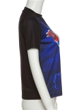 Blaue Patchwork-T-Shirts mit O-Ausschnitt und Modedruck