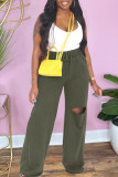 Army Green Casual Solid Ripped Patchwork Straight High Waist Straight Solid Color Bottoms
