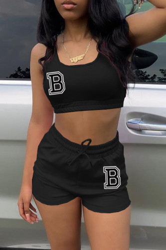 Black Fashion Casual Letter Print Basic U Neck Sleeveless Two Pieces