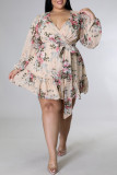 Rose Sexy Casual Print Frenulum V Neck A Line Plus Size Robes