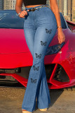Jeans in denim regolari a vita alta patchwork con stampa farfalla casual blu moda