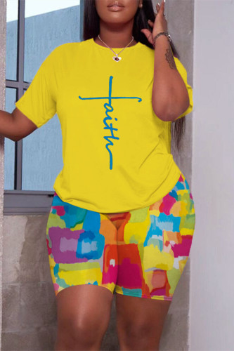 Yellow Fashion Casual Print Basic O Neck Short Sleeve Two Pieces