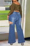 ディープブルーファッションカジュアルソリッドくり抜かれたパッチワークプラスサイズのジーンズ