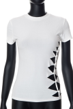 White Fashion Solid Hollowed Out O Neck T-Shirts