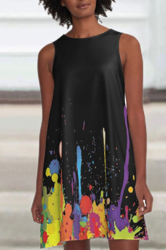 Black Casual Print Patchwork O Neck A Line Dresses