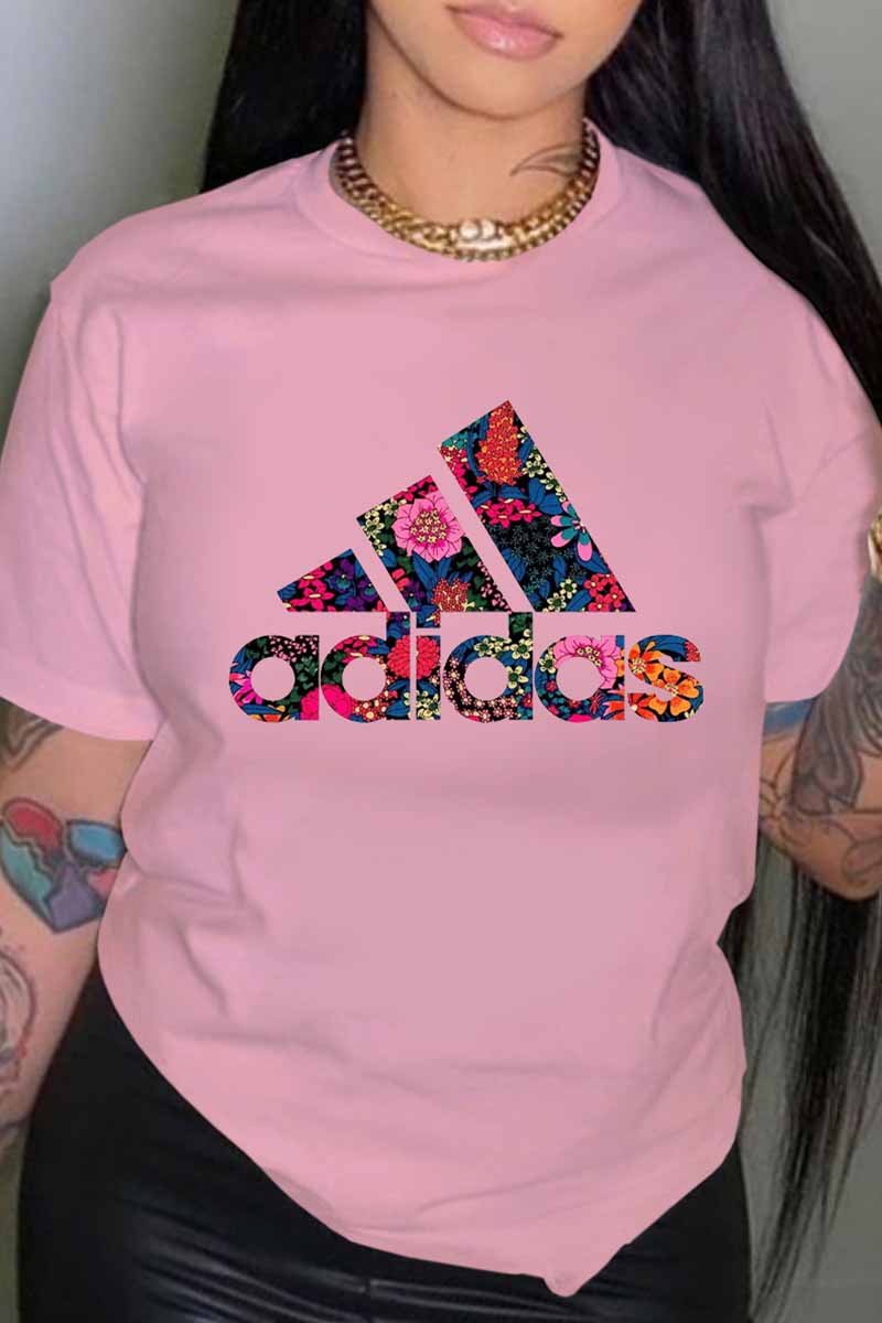 

Pink Fashion Street Print Letter O Neck T-Shirts