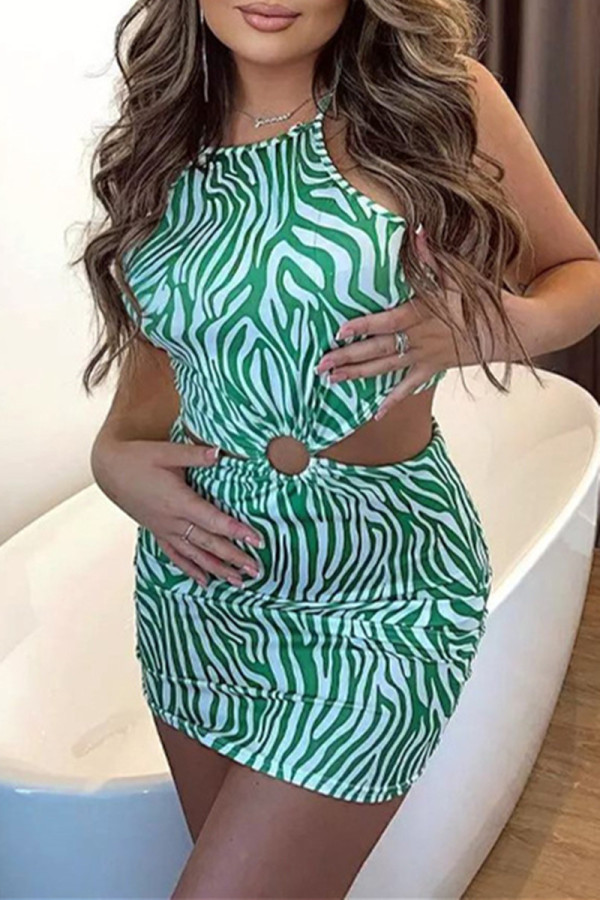 Bandage d'impression sexy de mode vert évidé robe sans manches dos nu dos nu