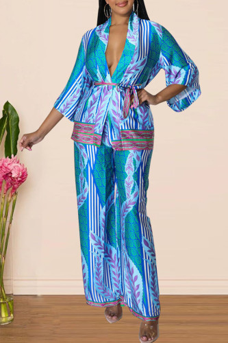 Blue Casual Elegant Print Bandage Patchwork Three Quarter Two Pieces