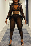 Black Fashion Sexy Solid Hollowed Out See-through O Neck Long Sleeve Three-piece Set
