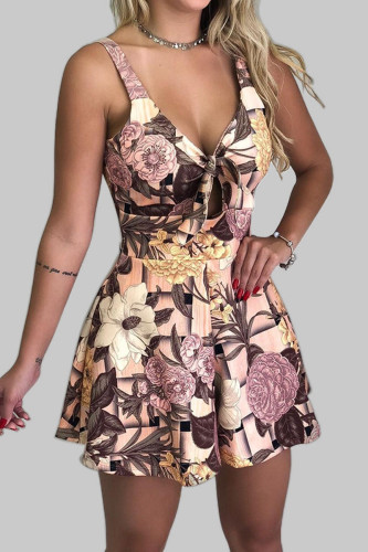 Pink Sexy Print Patchwork Spaghetti Strap Straight Rompers
