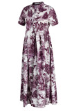 Vinröd Casual Elegant Print Patchwork Turndown-klänningar med krage
