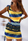 カラーカジュアルプリント包帯パッチワークフォールドUネックワンステップスカートドレス