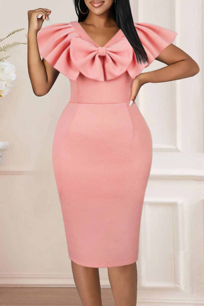 

Pink Elegant Solid Patchwork Flounce Slit With Bow V Neck One Step Skirt Dresses
